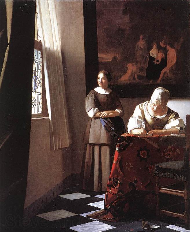VERMEER VAN DELFT, Jan Lady Writing a Letter with Her Maid ar Norge oil painting art